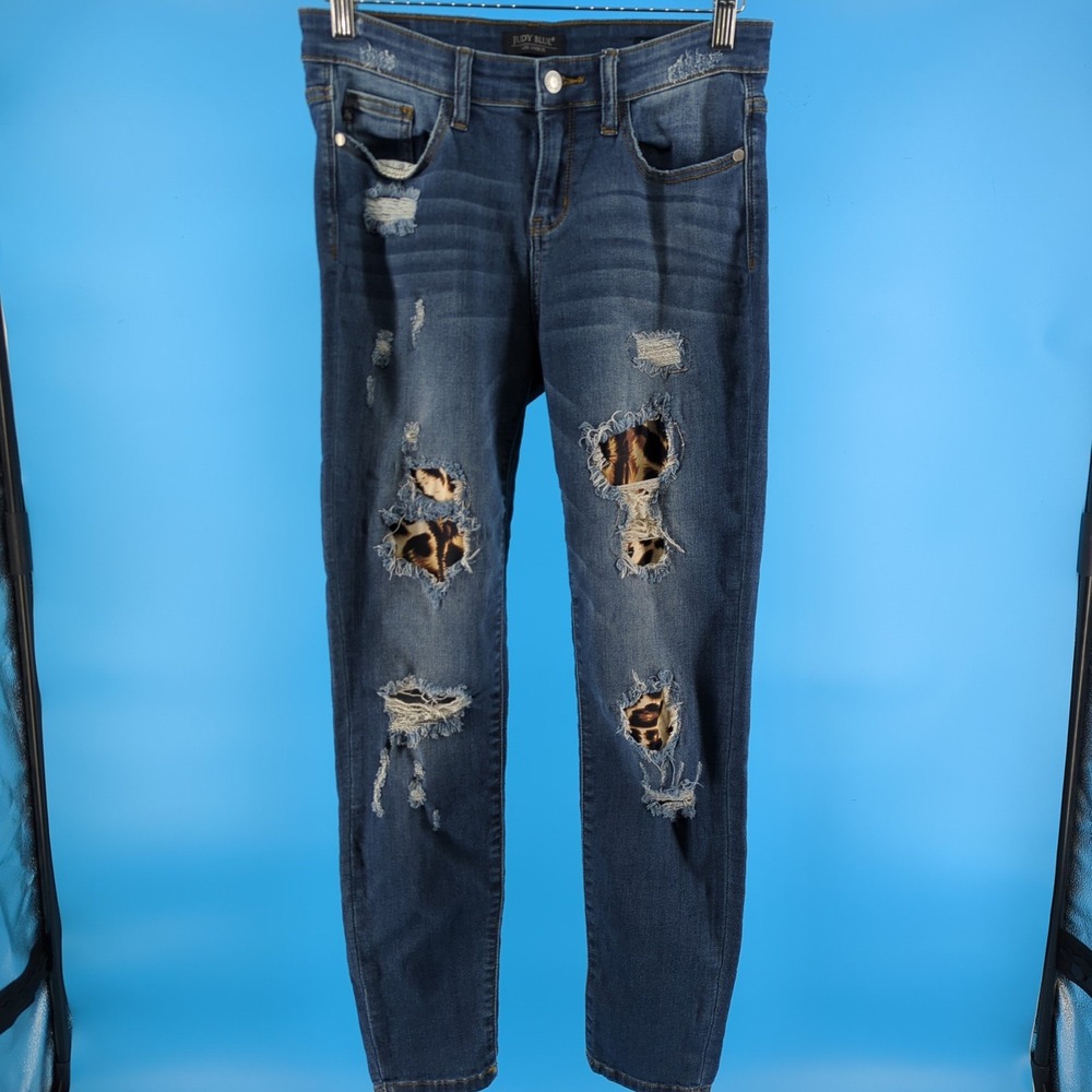 Judy Blue Skinny Fit Distressed Leopard Patch Jeans Medium Wash JB8265MD 7/28 - Picture 10 of 14
